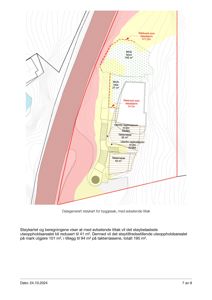 Datagenerert støykart som viser støybelastede uteoppholdsarealer (MUA) og takterrasser i forhold til støykilder (rekkeverk) og topografi.