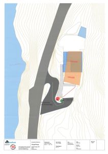 Situasjonsplan som viser tomtens terrengform (konturlinjer), eksisterende og planlagt bygning, samt vannkropp.