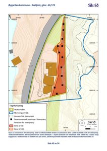 Foresonekart for steinsprang som viser tomtens beliggenhet i forhold til fareområder og tiltak.