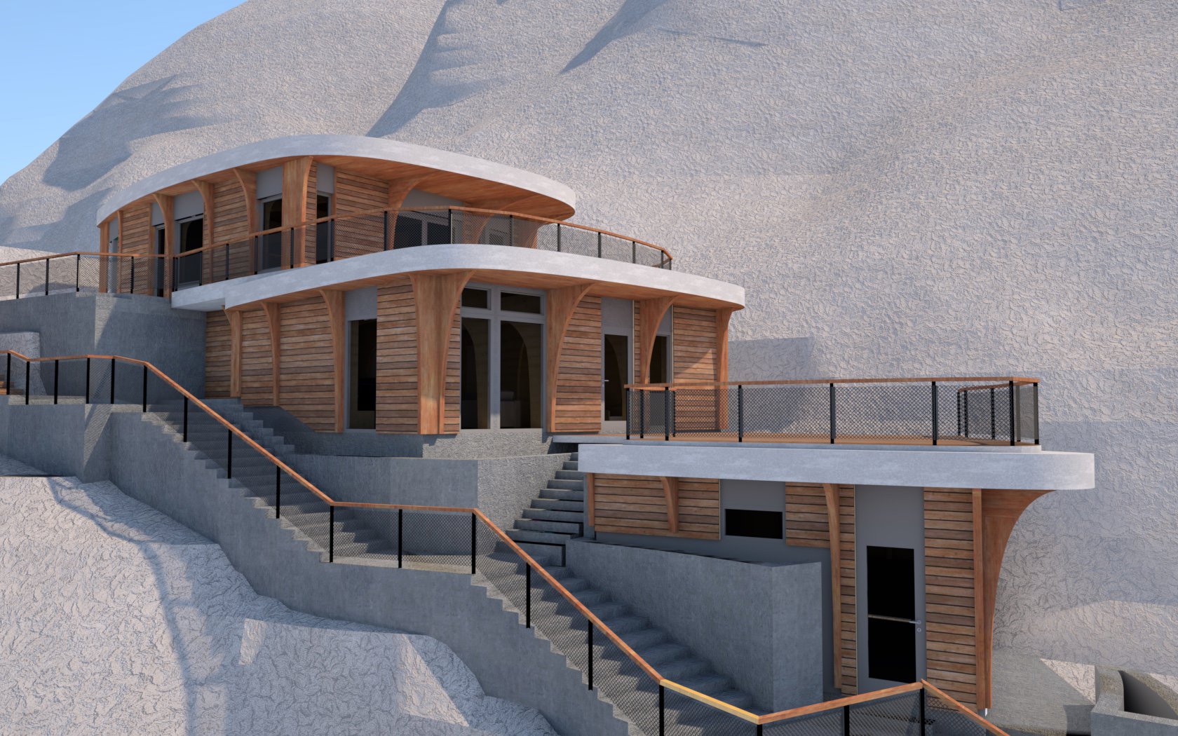 3D-visualisering av en moderne, fleretasjers bygning med trepanel og betongelementer, plassert i et terreng med store trapper.