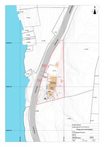 Situasjonsplan som viser tomtens beliggenhet, grenser, nabolag og planlagt bygning.