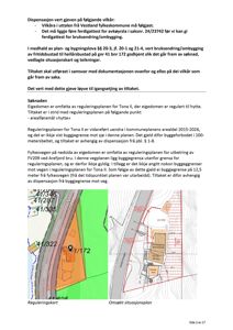 Bildet viser en dispensasjonssak med to kart under teksten: et reguleringskart (venstre) og en omsøkt situasjonsplan (høyre). Begge kartene illustrerer eiendomsforhold, byggeområder og veggrenser.