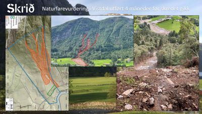 Et sammensatt bilde (collage) som viser en naturfarevurdering. Det inneholder en kartutsnitt med overlagte ruter, samt flere foton som viser et skredområde og skadet infrastruktur.