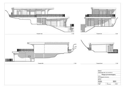 Fasadetegning som viser bygningens utseende fra fire ulike sider (Vest, Sør, Øst og Nord) med skravering for å vise materialer og detaljer.