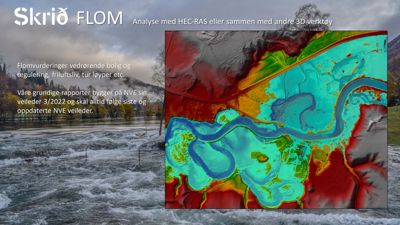 Et kart som viser et flomkart over et område, sannsynligvis generert med HEC-RAS, som viser vannstander og flomområder.