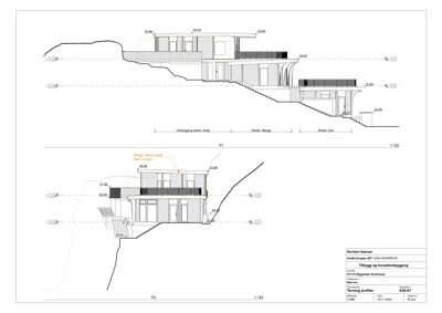Snittegning (P1 og P2) som viser tverrsnitt gjennom en bygning med høydeangivelser og terrengprofil.