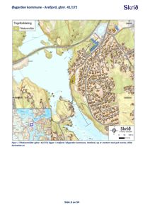 Situasjonskart som viser bygningens plassering i Arefjord med omgivende terreng og infrastruktur.