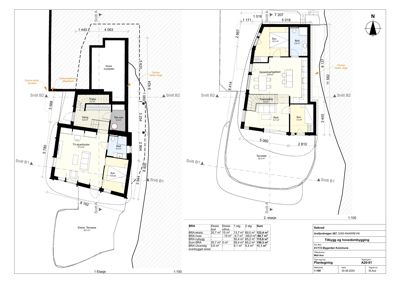 Etasjeplaner (1. og 2. etasje) med romfordeling, mål og snittreferanser.