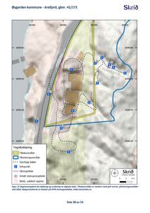 Situasjonsplan (registreringskart) som viser bygningenes plassering i forhold til terreng, bekker og sikringstiltak.