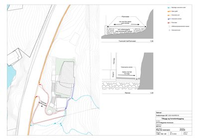 Situasjonsplan for overvannshåndtering som viser tomtens beliggenhet, vannveier, renner og overvannsrenner i forhold til omgivelsene.