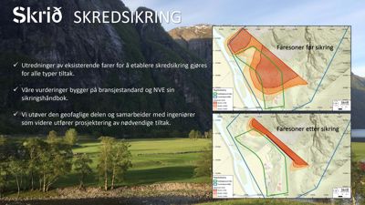 Bildet viser et kart over et skredutsatt område med overlappende kartlag som viser faresoner før og etter sikringstiltak.