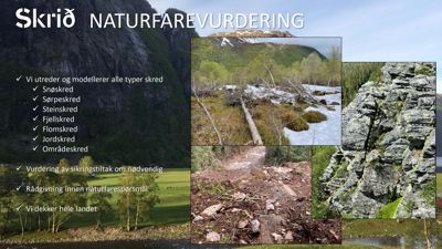 Bildet viser en presentasjonsside for 'Skriø NATURFAREVURDERING' med bilder av skred og fjell, samt tekst om utredning av skredtyper.