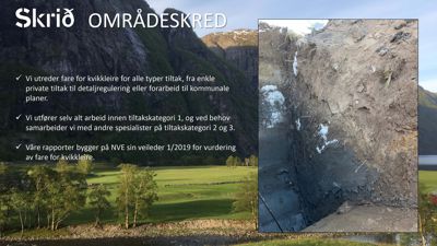 Et fotografi som viser et utgravd snitt i jorda (en boring eller graving) for å vise jordlag og kvikkleire, samt en bakgrunnsfoto av et fjellandskap.