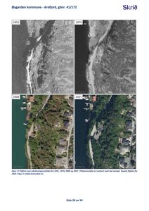 Bildet viser en samling av fire flyfotografier fra ulike år (1951, 1974, 2009 og 2021) som viser utviklingen av et område langs kysten.