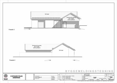 Fasadetegning som viser oppriss av bygningen sett fra to sider (Fasade 3 og Fasade 4), med angivelse av nytt lager og eksisterende garasje.