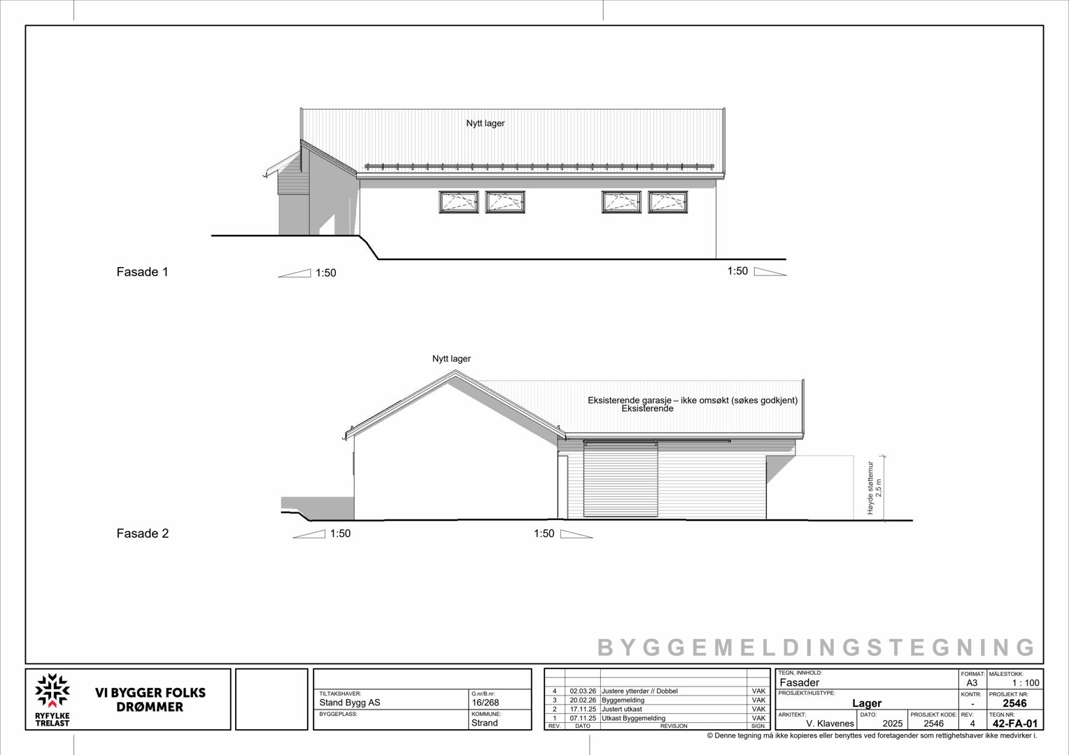 Fasadetegning som viser bygningens utseende fra to sider (Fasade 1 og Fasade 2) med detaljer om tak, vinduer og garasje.
