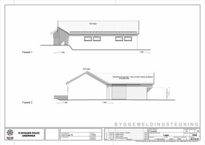 Fasadetegning som viser bygningens utseende fra to sider (Fasade 1 og Fasade 2) med detaljer om tak, vinduer og garasje.