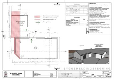 Byggemeldingstegning som viser fasadeoppsettet (Fasade 1 og Fasade 3) med mål, arealoppsett og merknader om konstruksjoner.