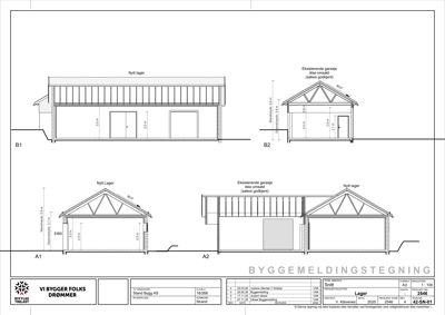 Snittegning som viser tverrsnittet av et nytt lagerbygg og en eksisterende garasje, med angitte mål og konstruksjonsdetaljer.