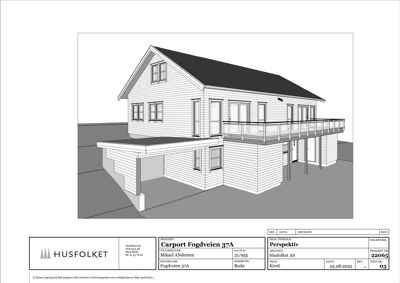 Perspektivtegning (rendering) av en planlagt bolig med carport, sett fra en vinkel som viser fasade og takform.