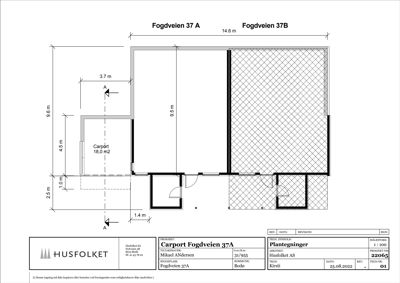 Detaljtegning av en carport (Fogdveien 37A) med angitte mål, dimensjoner og konstruksjonsdetaljer.
