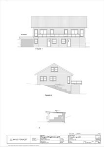 Tegning som viser fasader (Fasade 1, Fasade 4) og et snitt (A) av en bygning.