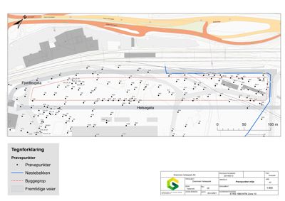 Situasjonsplan som viser prøvepunkter, byggegrenser og fremtidige veier i Drammen helsepark.