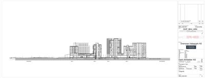 Fasadetegning som viser bygningens utseende sett fra siden.