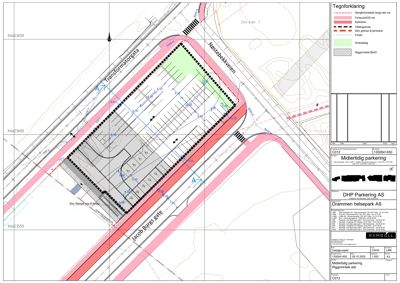 Situasjonsplan som viser en midlertidig parkeringsløsning med plassering av parkeringsplasser, veier og grenser.