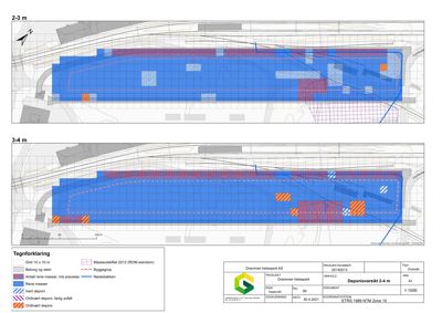 Situasjonsplan eller oversiktsplan over et deponi med fargekoding for ulike massetyper og en tegnforklaring.