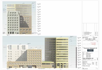 Fasadetegning som viser bygningens utseende fra nord, med detaljer om fasadematerialer og etasjer.