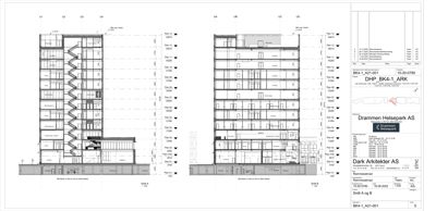 Snittegning som viser tverrsnittet av bygningen med romfordeling og etasjer.