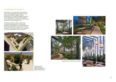 3D-visualiseringer av takterrassen i et byggeprosjekt, inkludert perspektivbilder og detaljer.