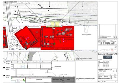 Snittegning som viser tverrsnitt av bygningens fundament og grunnarbeider i forhold til terreng.