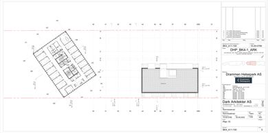 Etasjeplan (Plan 10) som viser romfordeling, veggposisjon og akselinummer for en bygning.