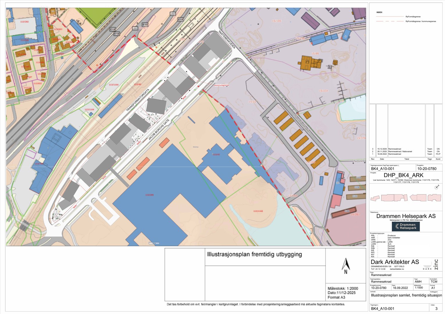 Illustrasjonsplan som viser fremtidig utbygging av et område med bygninger og infrastruktur.