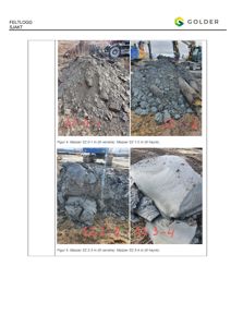 Feltlogg med fotografier av masseprøver (S2) fra en byggeplass, inkludert utstyr og håndskrevne merknader.