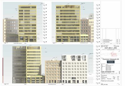 Fasadetegning som viser fronten av en bygning sett fra utsiden, med etasjetall og høydemål.