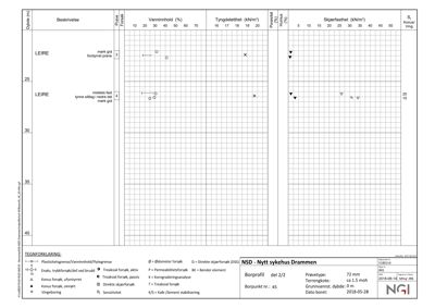 Boreprofil og geoteknisk undersøkelse med målinger av vanninnhold, tyngdetetthet og skjærfasthet i ulike dybder.