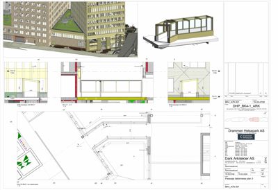 Bildet viser en kombinasjon av tegninger, inkludert et situasjonsplan med en 3D-rendering av bygningen øverst, og detaljerte etasjeplaner (takhøys plan) for en passage nedenfor.