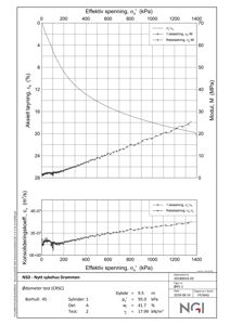 Teknisk grafisk fremstilling av geotekniske målinger (ødometer test) med aksial tøyningskurve og konsolideringskoeffisient.