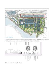 Bildet viser en situasjonsplan (topplan) av Drammen Helsepark med bygninger og infrastruktur, samt et snitt under som viser fremtidig Fjordbygata.