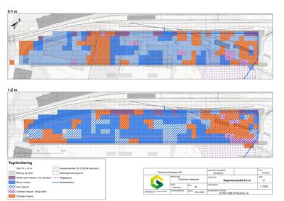 En teknisk oversiktsplan (deponioversikt) som viser masseforhold og bygningsspor i et deponi, med detaljerte fargekoder og en storskala tegnforklaring.
