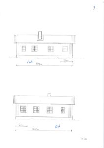 Tegning som viser fasader (vest og øst) av en bygning med mål og vindusoppsett.