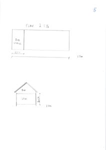 Håndskrevet tegning som viser etasjeplan (Plan 2 Etg) og en fasade/opprikk for en bygning med rombetegnelser 'BOD' og 'STUE'.