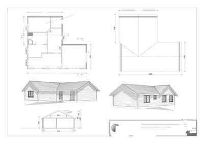Bildet viser en tegning med fasadeopprikk (perspektiv) og snittegning (Snitt B-B) av et hus, samt en plantegning i øvre venstre hjørne.