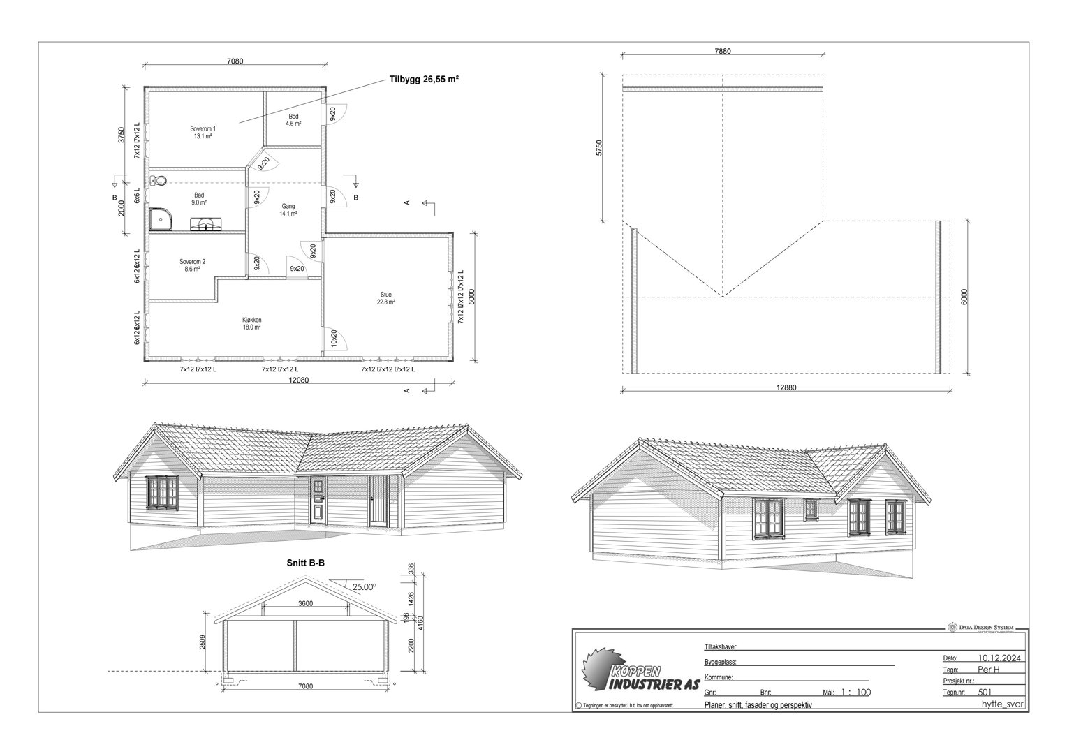 Bildet viser en tegning med fasadeopprikk (perspektiv) og snittegning (Snitt B-B) av et hus, samt en plantegning i øvre venstre hjørne.