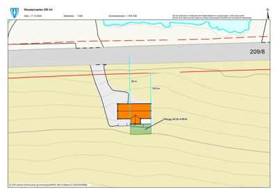 Situasjonsplan som viser tomtens grenser, eksisterende og planlagt bygning, samt mål og retninger.