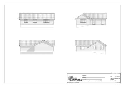 Fasadetegning som viser fire ulike vinkler på en bolig (front, side, bak og en annen side).