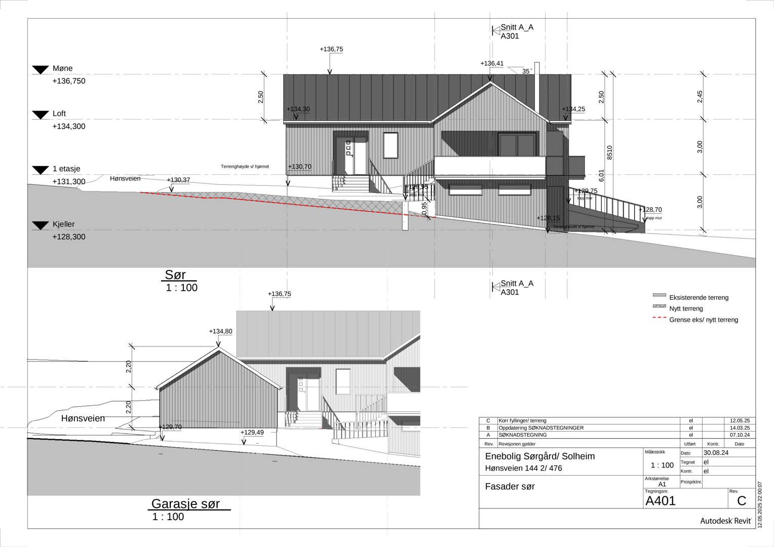 Fasadetegning (oppriks) av en bolig sett fra sør, inkludert snitt og detaljer.